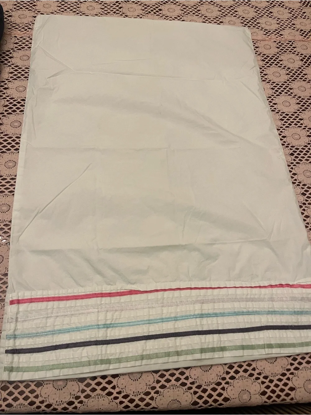 Light Mint Cotton Pillowcase with Multicolor Striped Hem